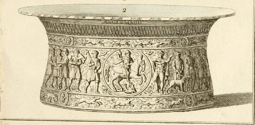 An illustration from Antiquités nationales, ou, Recueil de monumens : pour servir à l'histoire générale et particulière de l'empire françois, tels que tombeaux, inscriptions, statues, vitraux, fresques, etc. : tirés des abbayes, monastères, châteaux, et autres lieux devenus domaines nationaux, 1790, leaf 96