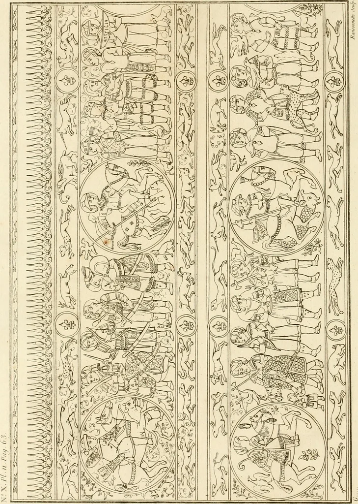 An illustration from Antiquités nationales, ou, Recueil de monumens : pour servir à l'histoire générale et particulière de l'empire françois, tels que tombeaux, inscriptions, statues, vitraux, fresques, etc. : tirés des abbayes, monastères, châteaux, et autres lieux devenus domaines nationaux, 1790, leaf 99