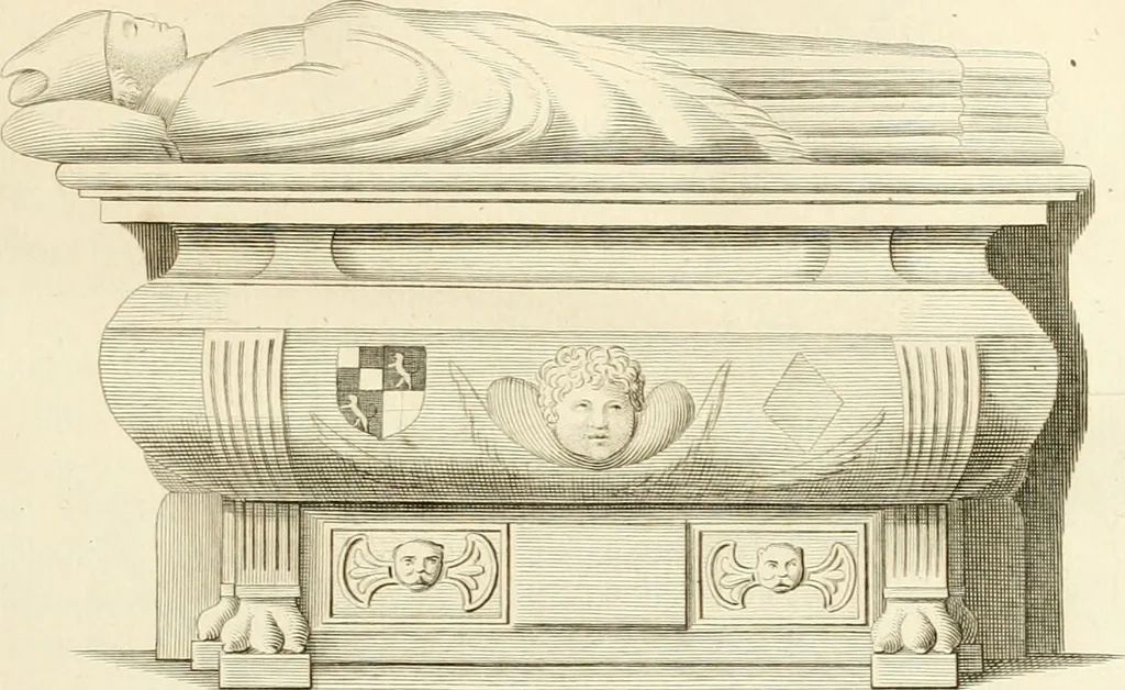 An illustration from Antiquités nationales, ou, Recueil de monumens : pour servir à l'histoire générale et particulière de l'empire françois, tels que tombeaux, inscriptions, statues, vitraux, fresques, etc. : tirés des abbayes, monastères, châteaux, et autres lieux devenus domaines nationaux, 1790, leaf 104