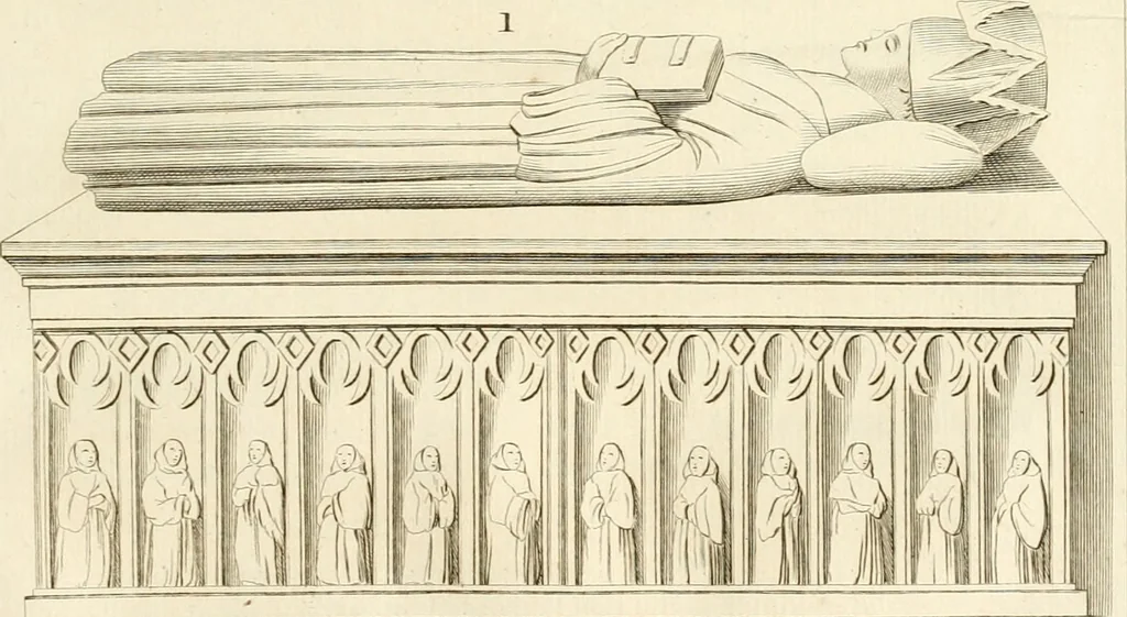 An illustration from Antiquités nationales, ou, Recueil de monumens : pour servir à l'histoire générale et particulière de l'empire françois, tels que tombeaux, inscriptions, statues, vitraux, fresques, etc. : tirés des abbayes, monastères, châteaux, et autres lieux devenus domaines nationaux, 1790, leaf 104