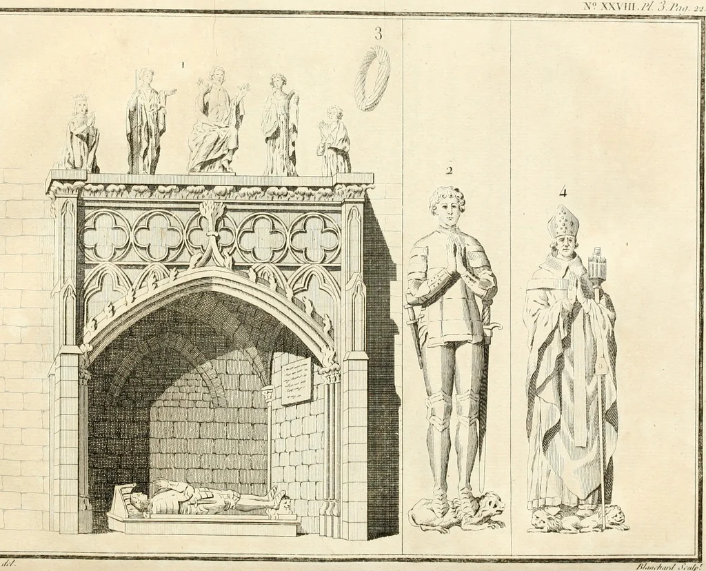 An illustration from Antiquités nationales, ou, Recueil de monumens : pour servir à l'histoire générale et particulière de l'empire françois, tels que tombeaux, inscriptions, statues, vitraux, fresques, etc. : tirés des abbayes, monastères, châteaux, et autres lieux devenus domaines nationaux, 1790, leaf 214