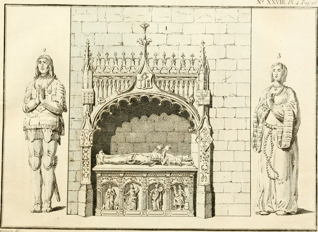 An illustration from Antiquités nationales, ou, Recueil de monumens : pour servir à l'histoire générale et particulière de l'empire françois, tels que tombeaux, inscriptions, statues, vitraux, fresques, etc. : tirés des abbayes, monastères, châteaux, et autres lieux devenus domaines nationaux, 1790, leaf 220