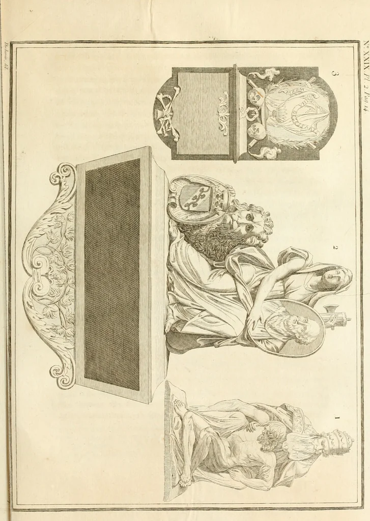 An illustration from Antiquités nationales, ou, Recueil de monumens : pour servir à l'histoire générale et particulière de l'empire françois, tels que tombeaux, inscriptions, statues, vitraux, fresques, etc. : tirés des abbayes, monastères, châteaux, et autres lieux devenus domaines nationaux, 1790, leaf 242