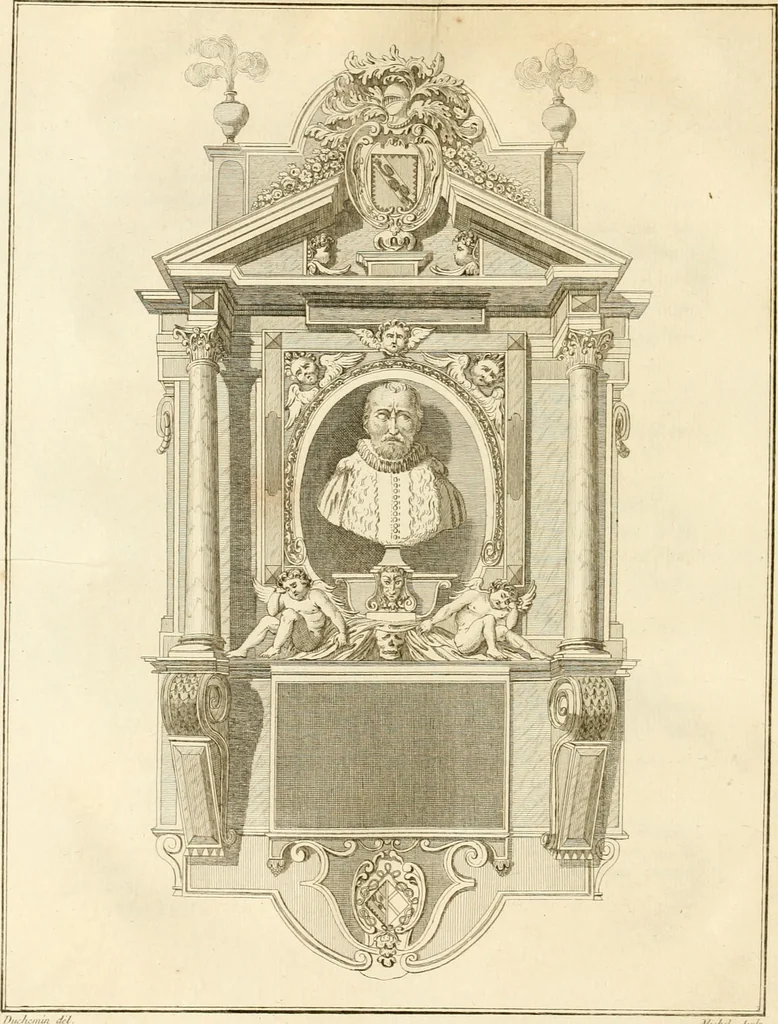 An illustration from Antiquités nationales, ou, Recueil de monumens : pour servir à l'histoire générale et particulière de l'empire françois, tels que tombeaux, inscriptions, statues, vitraux, fresques, etc. : tirés des abbayes, monastères, châteaux, et autres lieux devenus domaines nationaux, 1790, leaf 255