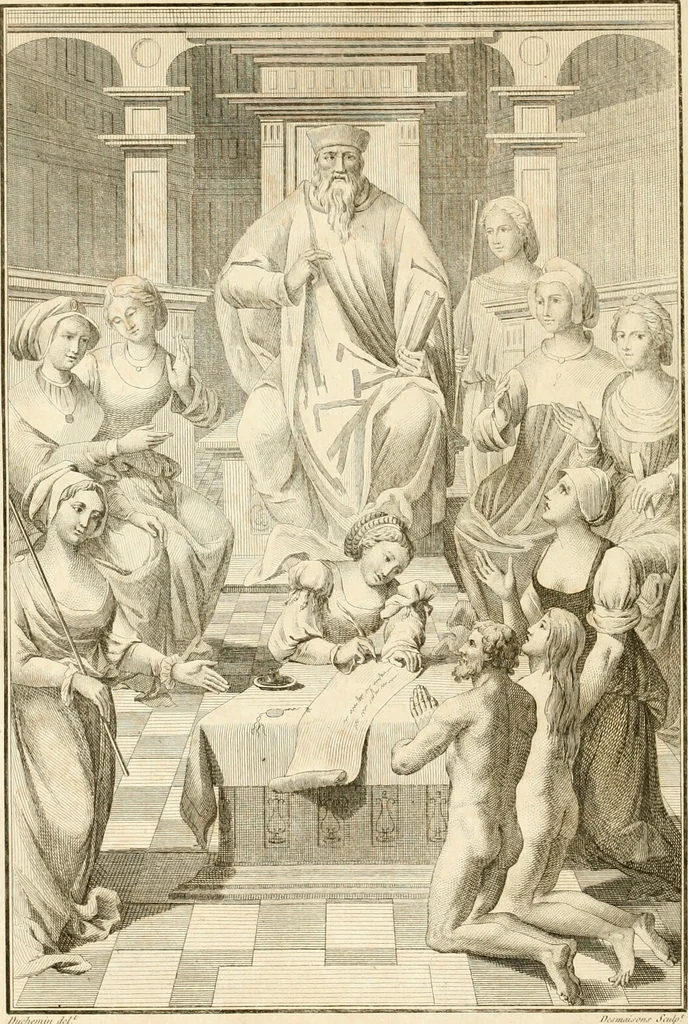 An illustration from Antiquités nationales, ou, Recueil de monumens : pour servir à l'histoire générale et particulière de l'empire françois, tels que tombeaux, inscriptions, statues, vitraux, fresques, etc. : tirés des abbayes, monastères, châteaux, et autres lieux devenus domaines nationaux, 1790, leaf 325