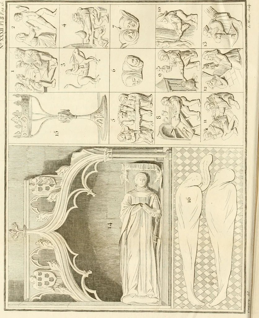 An illustration from Antiquités nationales, ou, Recueil de monumens : pour servir à l'histoire générale et particulière de l'empire françois, tels que tombeaux, inscriptions, statues, vitraux, fresques, etc. : tirés des abbayes, monastères, châteaux, et autres lieux devenus domaines nationaux, 1790, leaf 369