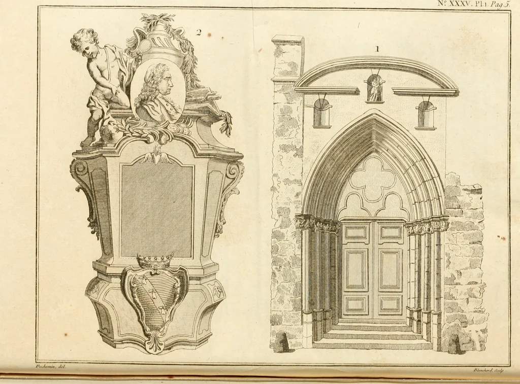 An illustration from Antiquités nationales, ou, Recueil de monumens : pour servir à l'histoire générale et particulière de l'empire françois, tels que tombeaux, inscriptions, statues, vitraux, fresques, etc. : tirés des abbayes, monastères, châteaux, et autres lieux devenus domaines nationaux, 1790, leaf 449