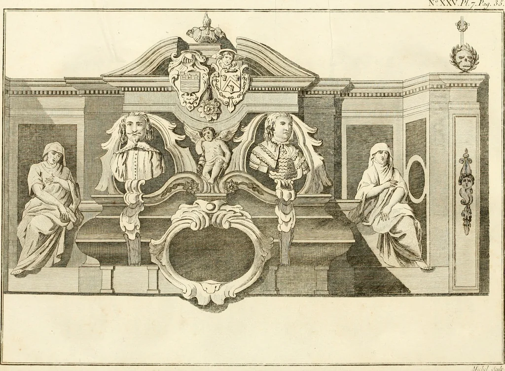 An illustration from Antiquités nationales, ou, Recueil de monumens : pour servir à l'histoire générale et particulière de l'empire françois, tels que tombeaux, inscriptions, statues, vitraux, fresques, etc. : tirés des abbayes, monastères, châteaux, et autres lieux devenus domaines nationaux, 1790, leaf 61