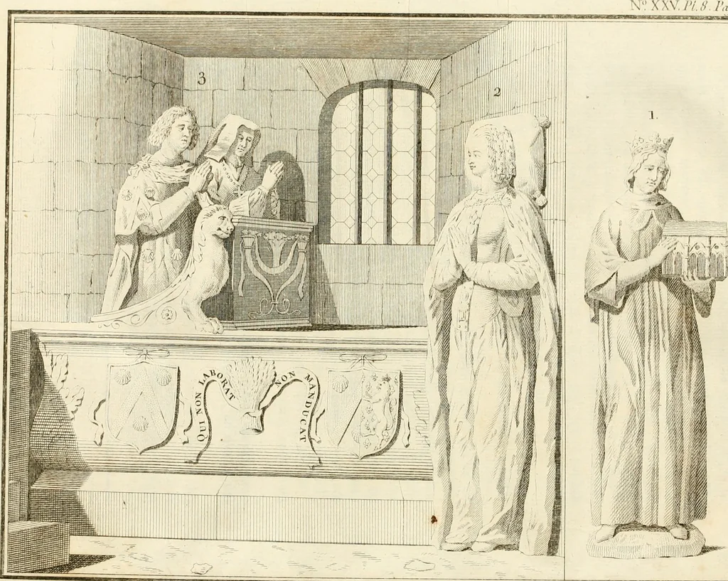 An illustration from Antiquités nationales, ou, Recueil de monumens : pour servir à l'histoire générale et particulière de l'empire françois, tels que tombeaux, inscriptions, statues, vitraux, fresques, etc. : tirés des abbayes, monastères, châteaux, et autres lieux devenus domaines nationaux, 1790, leaf 69