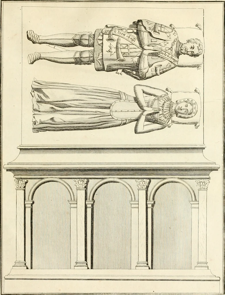 An illustration from Antiquités nationales, ou, Recueil de monumens : pour servir à l'histoire générale et particulière de l'empire françois, tels que tombeaux, inscriptions, statues, vitraux, fresques, etc. : tirés des abbayes, monastères, châteaux, et autres lieux devenus domaines nationaux, 1790, leaf 172