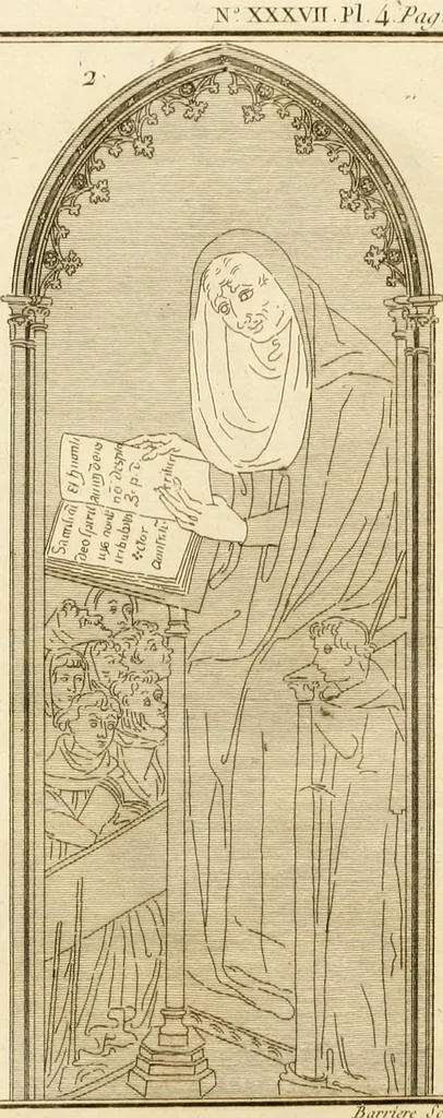 An illustration from Antiquités nationales, ou, Recueil de monumens : pour servir à l'histoire générale et particulière de l'empire françois, tels que tombeaux, inscriptions, statues, vitraux, fresques, etc. : tirés des abbayes, monastères, châteaux, et autres lieux devenus domaines nationaux, 1790, leaf 21