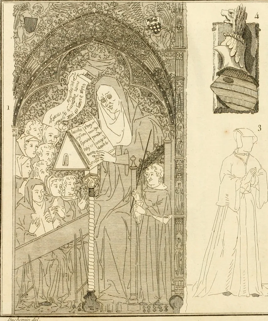 An illustration from Antiquités nationales, ou, Recueil de monumens : pour servir à l'histoire générale et particulière de l'empire françois, tels que tombeaux, inscriptions, statues, vitraux, fresques, etc. : tirés des abbayes, monastères, châteaux, et autres lieux devenus domaines nationaux, 1790, leaf 21