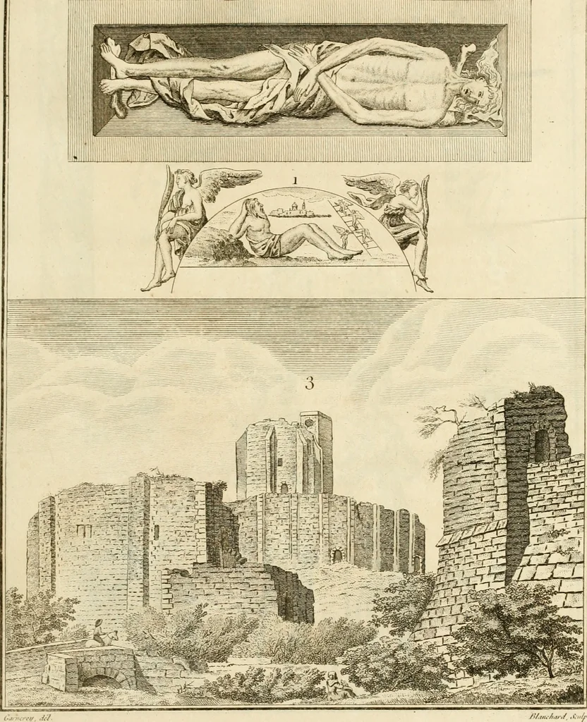 An illustration from Antiquités nationales, ou, Recueil de monumens : pour servir à l'histoire générale et particulière de l'empire françois, tels que tombeaux, inscriptions, statues, vitraux, fresques, etc. : tirés des abbayes, monastères, châteaux, et autres lieux devenus domaines nationaux, 1790, leaf 274