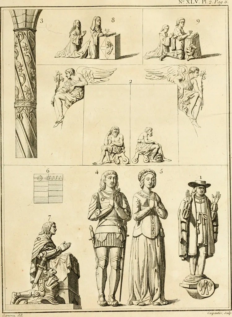 An illustration from Antiquités nationales, ou, Recueil de monumens : pour servir à l'histoire générale et particulière de l'empire françois, tels que tombeaux, inscriptions, statues, vitraux, fresques, etc. : tirés des abbayes, monastères, châteaux, et autres lieux devenus domaines nationaux, 1790, leaf 276
