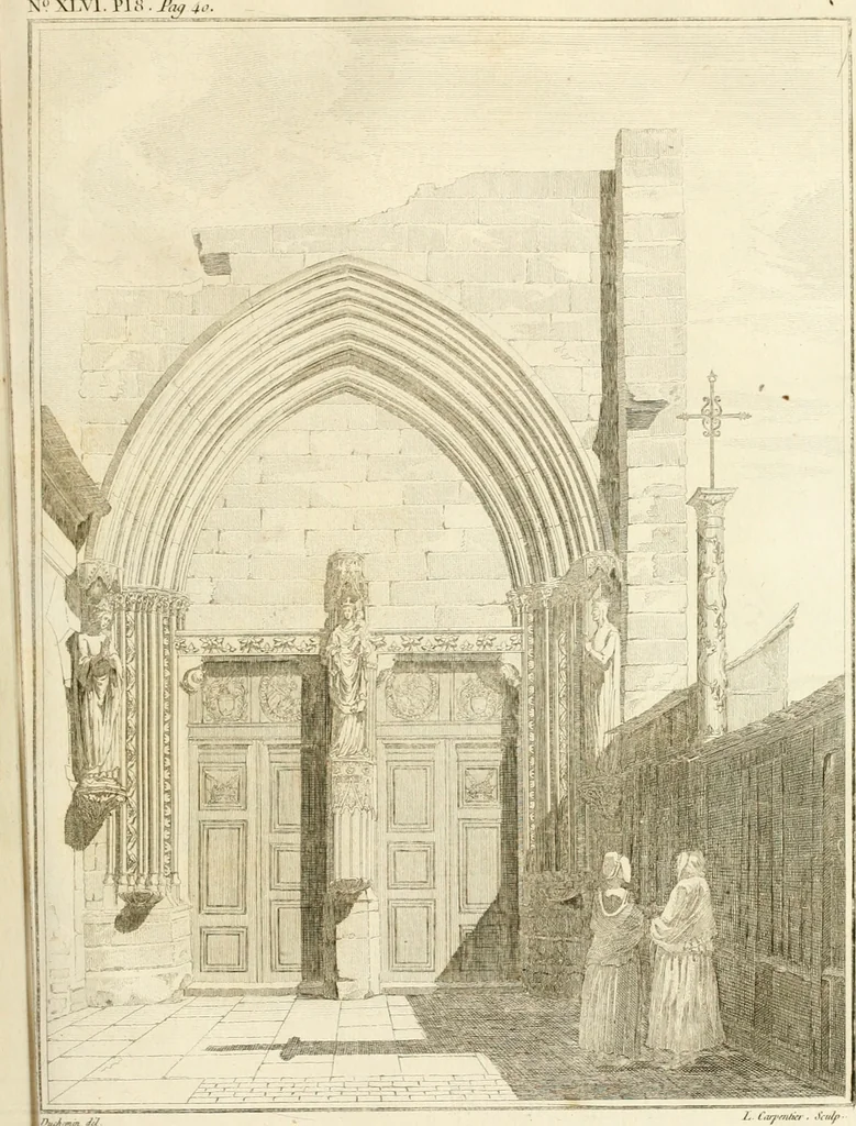 An illustration from Antiquités nationales, ou, Recueil de monumens : pour servir à l'histoire générale et particulière de l'empire françois, tels que tombeaux, inscriptions, statues, vitraux, fresques, etc. : tirés des abbayes, monastères, châteaux, et autres lieux devenus domaines nationaux, 1790, leaf 344