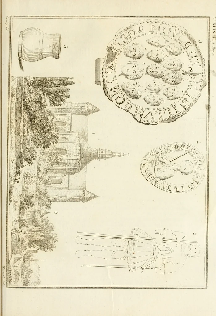 An illustration from Antiquités nationales, ou, Recueil de monumens : pour servir à l'histoire générale et particulière de l'empire françois, tels que tombeaux, inscriptions, statues, vitraux, fresques, etc. : tirés des abbayes, monastères, châteaux, et autres lieux devenus domaines nationaux, 1790, leaf 410