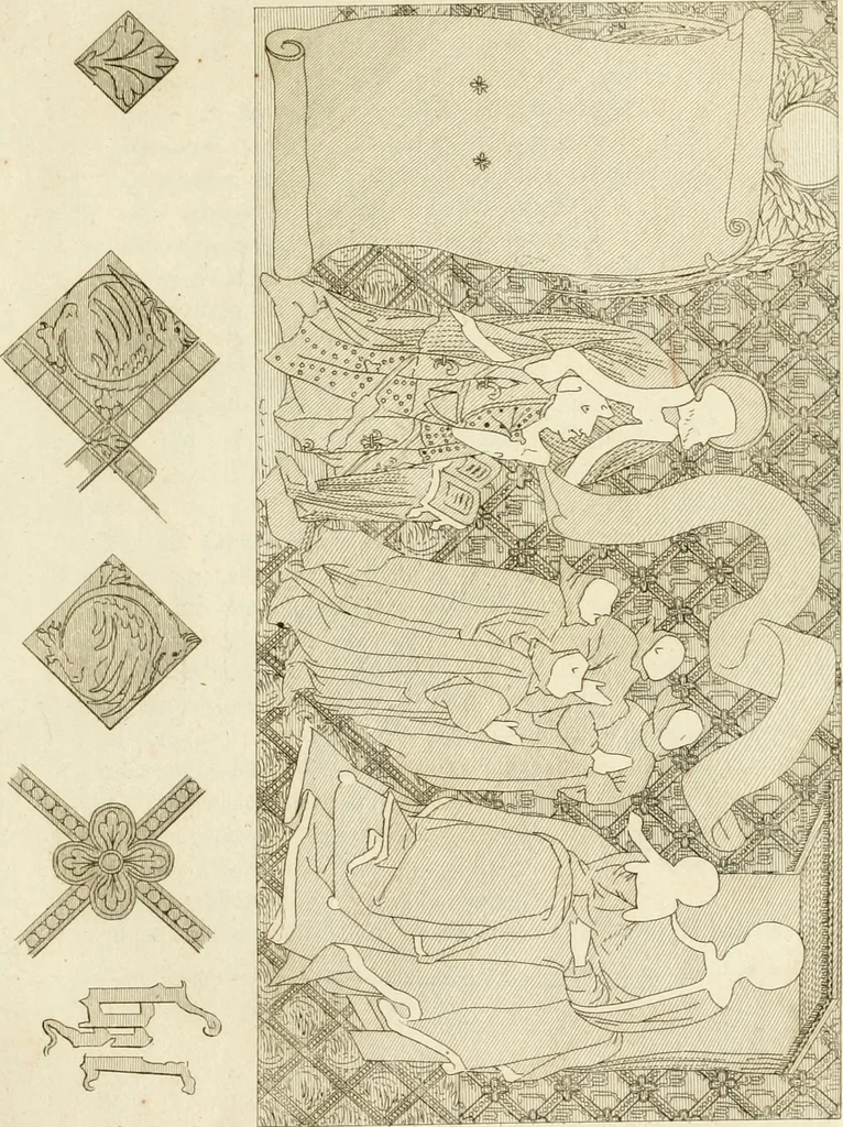 An illustration from Antiquités nationales, ou, Recueil de monumens : pour servir à l'histoire générale et particulière de l'empire françois, tels que tombeaux, inscriptions, statues, vitraux, fresques, etc. : tirés des abbayes, monastères, châteaux, et autres lieux devenus domaines nationaux, 1790, leaf 102