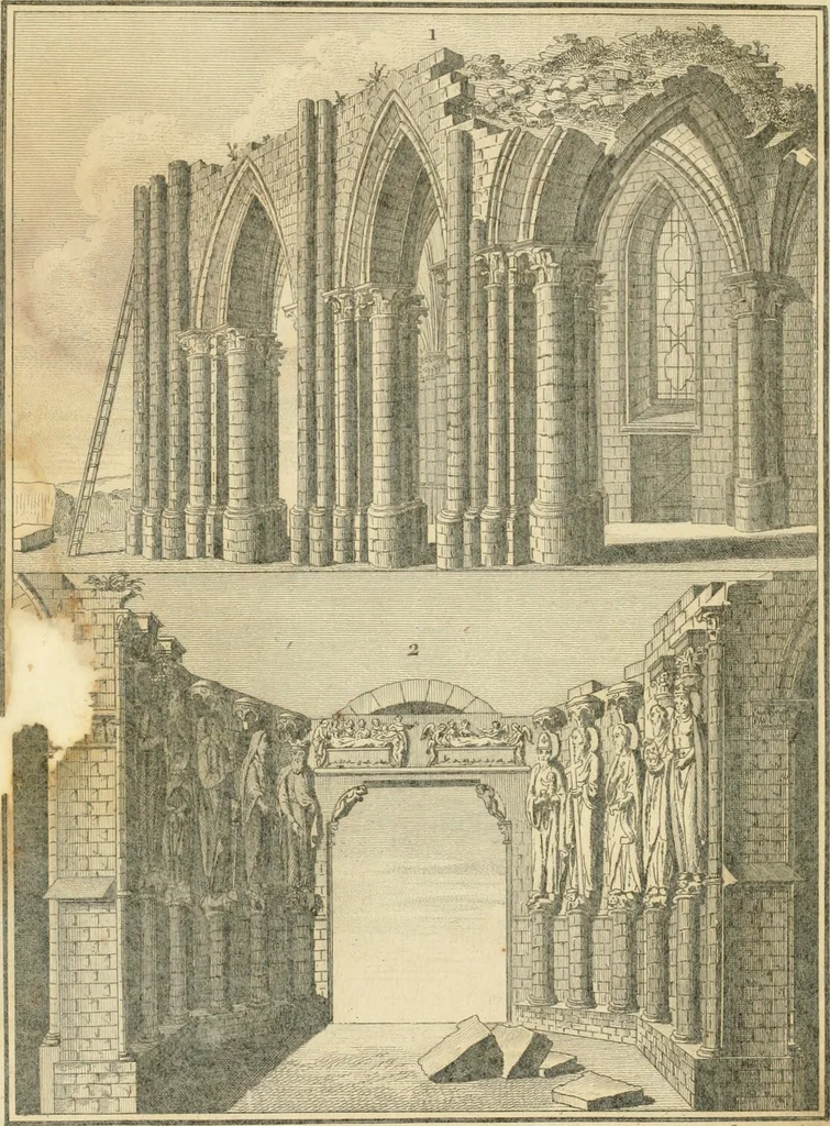 An illustration from Antiquités nationales, ou, Recueil de monumens : pour servir à l'histoire générale et particulière de l'empire françois, tels que tombeaux, inscriptions, statues, vitraux, fresques, etc. : tirés des abbayes, monastères, châteaux, et autres lieux devenus domaines nationaux, 1790, leaf 13