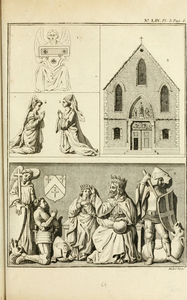 An illustration from Antiquités nationales, ou, Recueil de monumens : pour servir à l'histoire générale et particulière de l'empire françois, tels que tombeaux, inscriptions, statues, vitraux, fresques, etc. : tirés des abbayes, monastères, châteaux, et autres lieux devenus domaines nationaux, 1790, leaf 134