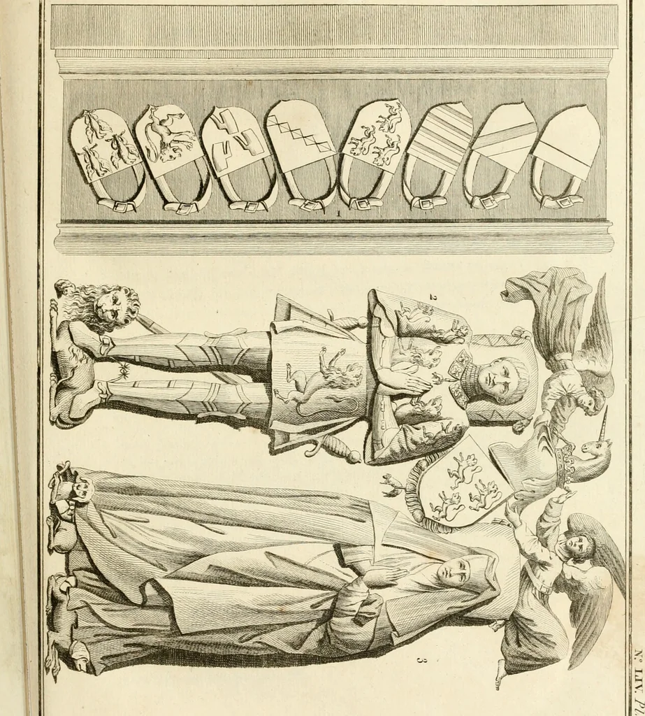An illustration from Antiquités nationales, ou, Recueil de monumens : pour servir à l'histoire générale et particulière de l'empire françois, tels que tombeaux, inscriptions, statues, vitraux, fresques, etc. : tirés des abbayes, monastères, châteaux, et autres lieux devenus domaines nationaux, 1790, leaf 174