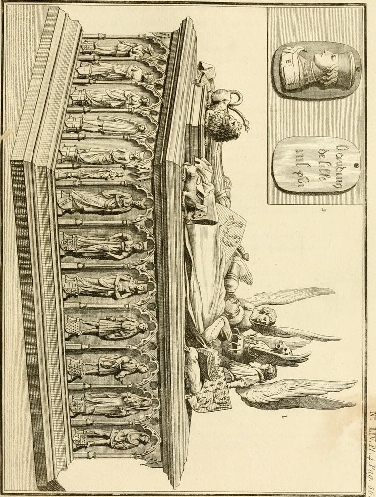 An illustration from Antiquités nationales, ou, Recueil de monumens : pour servir à l'histoire générale et particulière de l'empire françois, tels que tombeaux, inscriptions, statues, vitraux, fresques, etc. : tirés des abbayes, monastères, châteaux, et autres lieux devenus domaines nationaux, 1790, leaf 190