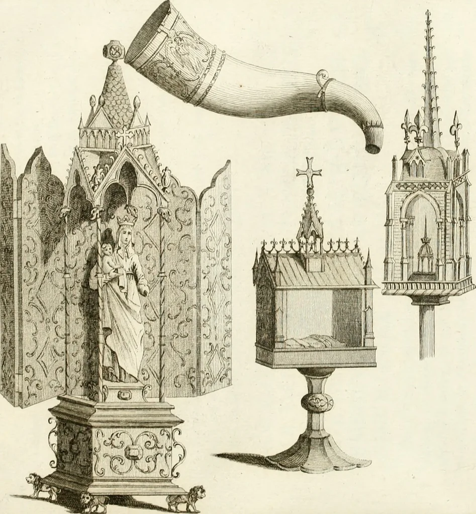 An illustration from Antiquités nationales, ou, Recueil de monumens : pour servir à l'histoire générale et particulière de l'empire françois, tels que tombeaux, inscriptions, statues, vitraux, fresques, etc. : tirés des abbayes, monastères, châteaux, et autres lieux devenus domaines nationaux, 1790, leaf 216