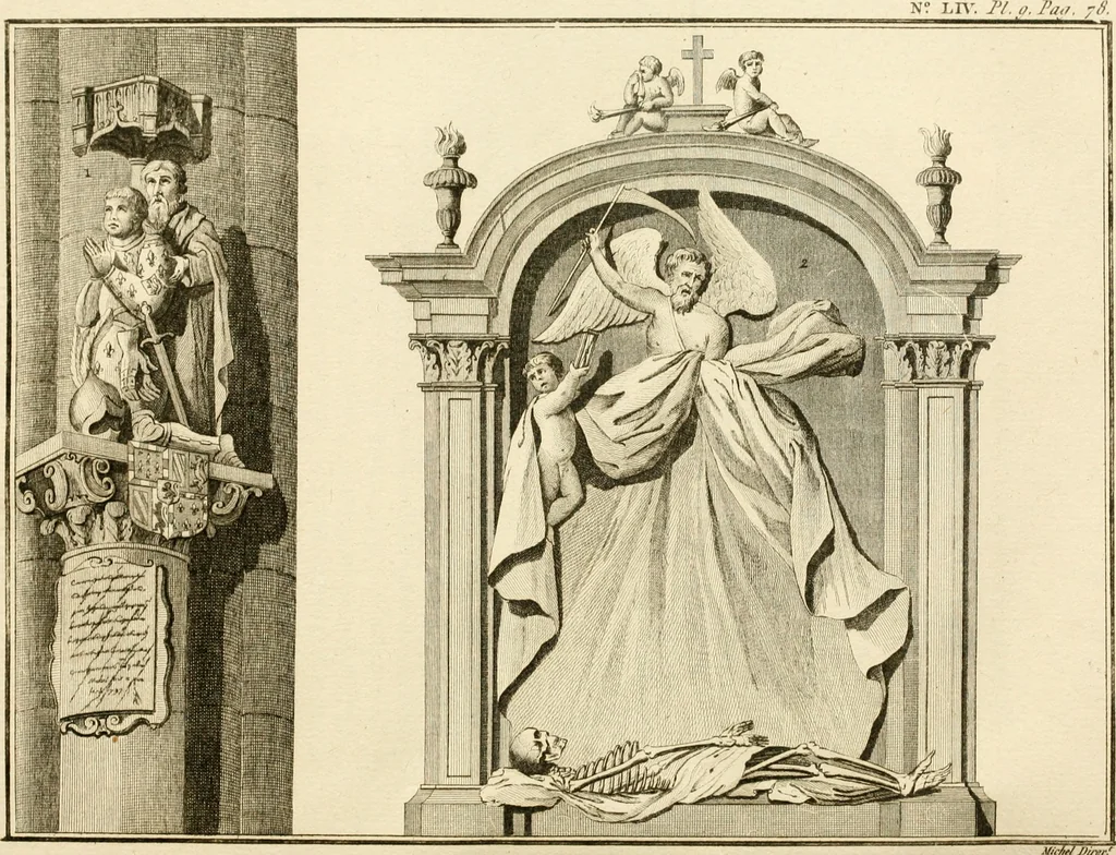 An illustration from Antiquités nationales, ou, Recueil de monumens : pour servir à l'histoire générale et particulière de l'empire françois, tels que tombeaux, inscriptions, statues, vitraux, fresques, etc. : tirés des abbayes, monastères, châteaux, et autres lieux devenus domaines nationaux, 1790, leaf 222