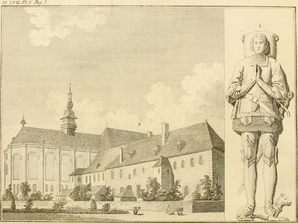 An illustration from Antiquités nationales, ou, Recueil de monumens : pour servir à l'histoire générale et particulière de l'empire françois, tels que tombeaux, inscriptions, statues, vitraux, fresques, etc. : tirés des abbayes, monastères, châteaux, et autres lieux devenus domaines nationaux, 1790, leaf 245