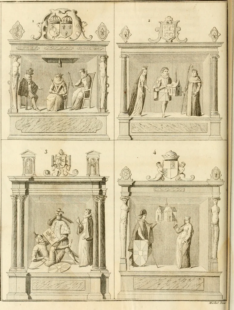 An illustration from Antiquités nationales, ou, Recueil de monumens : pour servir à l'histoire générale et particulière de l'empire françois, tels que tombeaux, inscriptions, statues, vitraux, fresques, etc. : tirés des abbayes, monastères, châteaux, et autres lieux devenus domaines nationaux, 1790, leaf 415