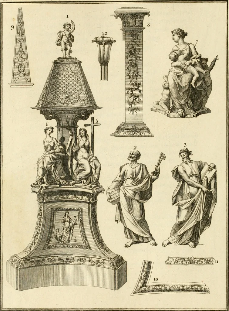 An illustration from Antiquités nationales, ou, Recueil de monumens : pour servir à l'histoire générale et particulière de l'empire françois, tels que tombeaux, inscriptions, statues, vitraux, fresques, etc. : tirés des abbayes, monastères, châteaux, et autres lieux devenus domaines nationaux, 1790, leaf 91