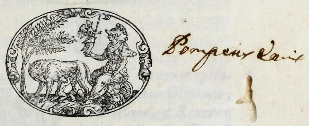 An illustration from Antiquitatum Romanarum Paulli Mannuccii liber de ciuitate Romana : ad Ill[ustrissi]mum et Rev[erendissi]mum Alexanmdrum Perettum S.R.E. Cardinalem, Sisti V. Pont. Max. pronepotem, 1585, leaf 5