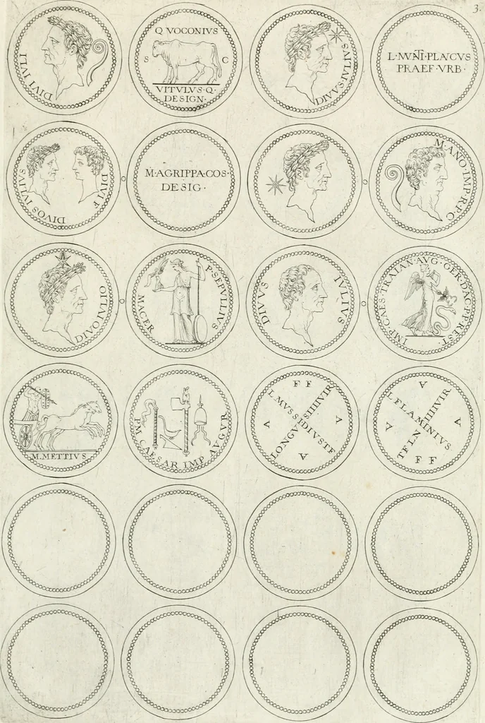 An illustration from Antonii Augustinii Archiepisc. Tarracon. Antiqvitatvm romanorvm hispanarvmqve in nvmmis vetervm, dialogi XI, 1617, leaf 230