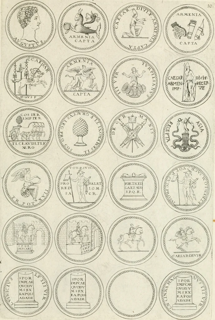 An illustration from Antonii Augustinii Archiepisc. Tarracon. Antiqvitatvm romanorvm hispanarvmqve in nvmmis vetervm, dialogi XI, 1617, leaf 244