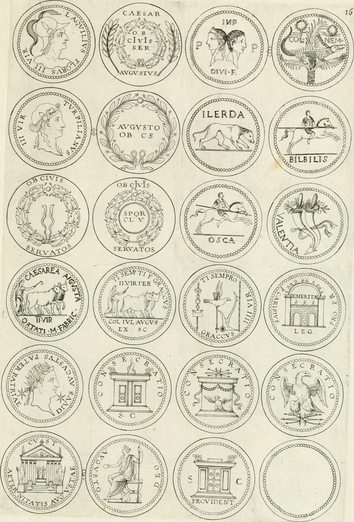 An illustration from Antonii Augustinii Archiepisc. Tarracon. Antiqvitatvm romanorvm hispanarvmqve in nvmmis vetervm, dialogi XI, 1617, leaf 256