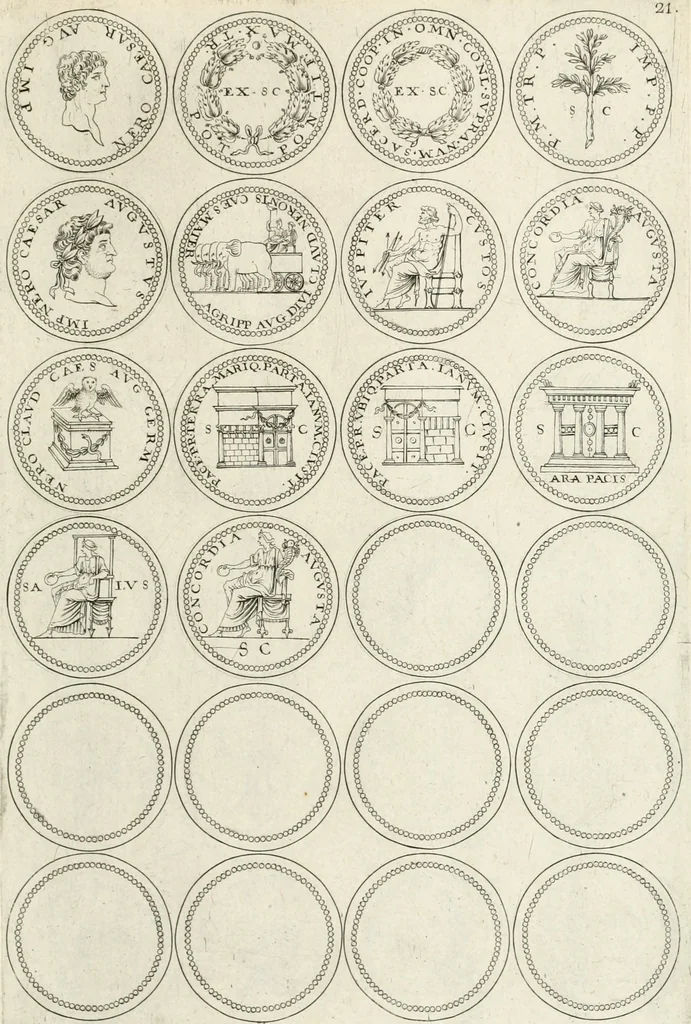 An illustration from Antonii Augustinii Archiepisc. Tarracon. Antiqvitatvm romanorvm hispanarvmqve in nvmmis vetervm, dialogi XI, 1617, leaf 266