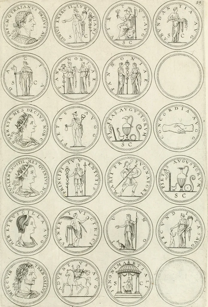 An illustration from Antonii Augustinii Archiepisc. Tarracon. Antiqvitatvm romanorvm hispanarvmqve in nvmmis vetervm, dialogi XI, 1617, leaf 342