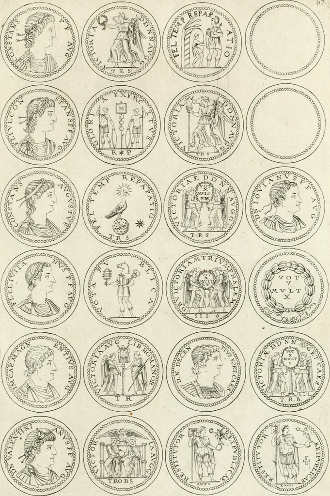 An illustration from Antonii Augustinii Archiepisc. Tarracon. Antiqvitatvm romanorvm hispanarvmqve in nvmmis vetervm, dialogi XI, 1617, leaf 358