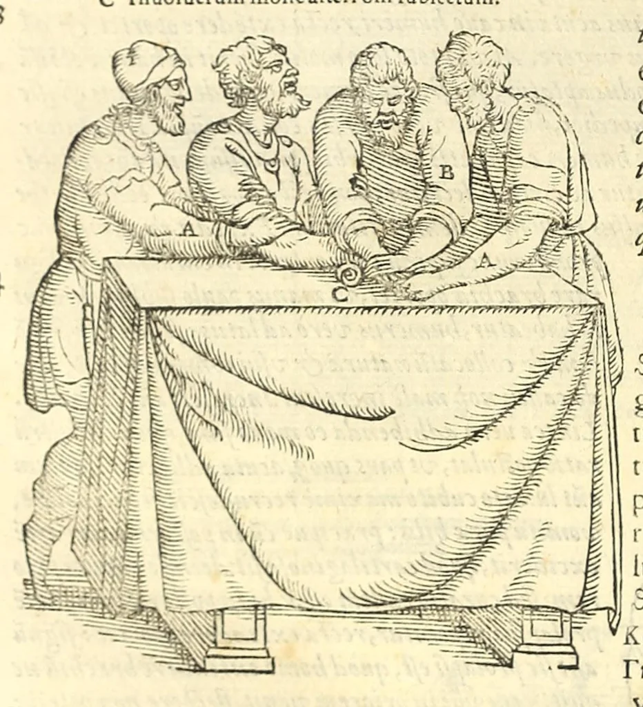 An illustration from Galeni librorum septima classis : curativum methodum tum diffuse tum breviter descriptam, victus rationem in morbis acutis, singulorum morborum facile paranda remedia, privatam quorundam morborum curationem, chirurgie constitutionem, fracturarum ac luxationum sanationem, fasciarum deniq ; & laqueorum & machinamentorum tractatum continet, 1576, leaf 546