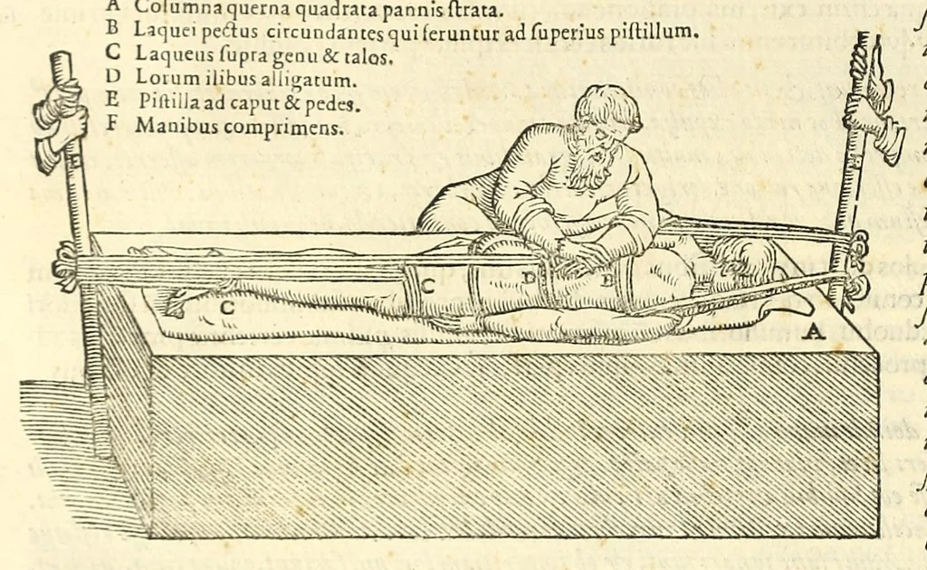 An illustration from Galeni librorum septima classis : curativum methodum tum diffuse tum breviter descriptam, victus rationem in morbis acutis, singulorum morborum facile paranda remedia, privatam quorundam morborum curationem, chirurgie constitutionem, fracturarum ac luxationum sanationem, fasciarum deniq ; & laqueorum & machinamentorum tractatum continet, 1576, leaf 568