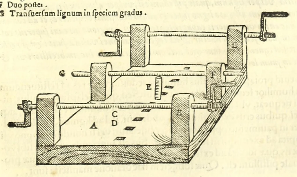 An illustration from Galeni librorum septima classis : curativum methodum tum diffuse tum breviter descriptam, victus rationem in morbis acutis, singulorum morborum facile paranda remedia, privatam quorundam morborum curationem, chirurgie constitutionem, fracturarum ac luxationum sanationem, fasciarum deniq ; & laqueorum & machinamentorum tractatum continet, 1576, leaf 601