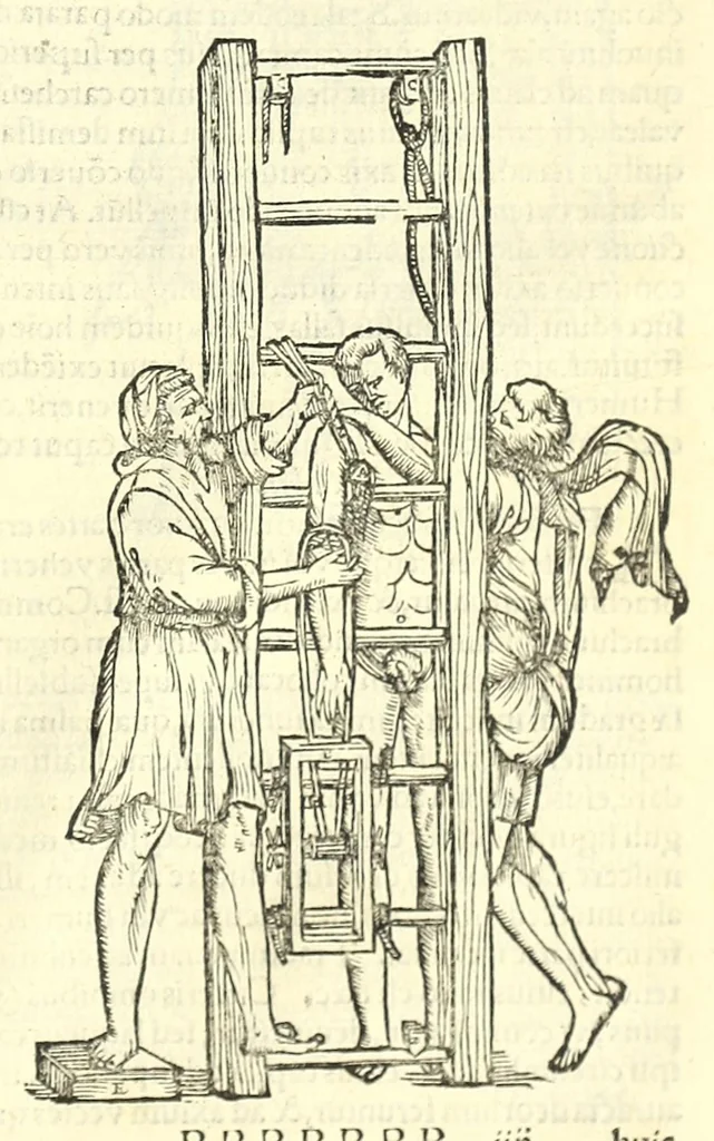 An illustration from Galeni librorum septima classis : curativum methodum tum diffuse tum breviter descriptam, victus rationem in morbis acutis, singulorum morborum facile paranda remedia, privatam quorundam morborum curationem, chirurgie constitutionem, fracturarum ac luxationum sanationem, fasciarum deniq ; & laqueorum & machinamentorum tractatum continet, 1576, leaf 645