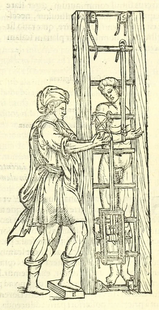 An illustration from Galeni librorum septima classis : curativum methodum tum diffuse tum breviter descriptam, victus rationem in morbis acutis, singulorum morborum facile paranda remedia, privatam quorundam morborum curationem, chirurgie constitutionem, fracturarum ac luxationum sanationem, fasciarum deniq ; & laqueorum & machinamentorum tractatum continet, 1576, leaf 647