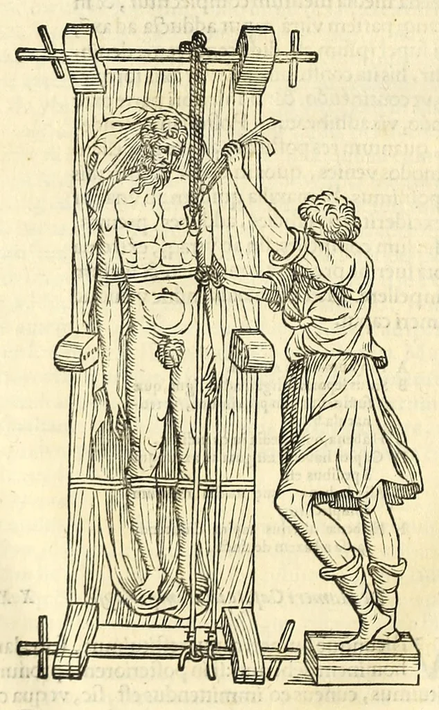 An illustration from Galeni librorum septima classis : curativum methodum tum diffuse tum breviter descriptam, victus rationem in morbis acutis, singulorum morborum facile paranda remedia, privatam quorundam morborum curationem, chirurgie constitutionem, fracturarum ac luxationum sanationem, fasciarum deniq ; & laqueorum & machinamentorum tractatum continet, 1576, leaf 660