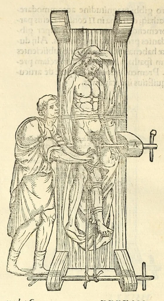 An illustration from Galeni librorum septima classis : curativum methodum tum diffuse tum breviter descriptam, victus rationem in morbis acutis, singulorum morborum facile paranda remedia, privatam quorundam morborum curationem, chirurgie constitutionem, fracturarum ac luxationum sanationem, fasciarum deniq ; & laqueorum & machinamentorum tractatum continet, 1576, leaf 664