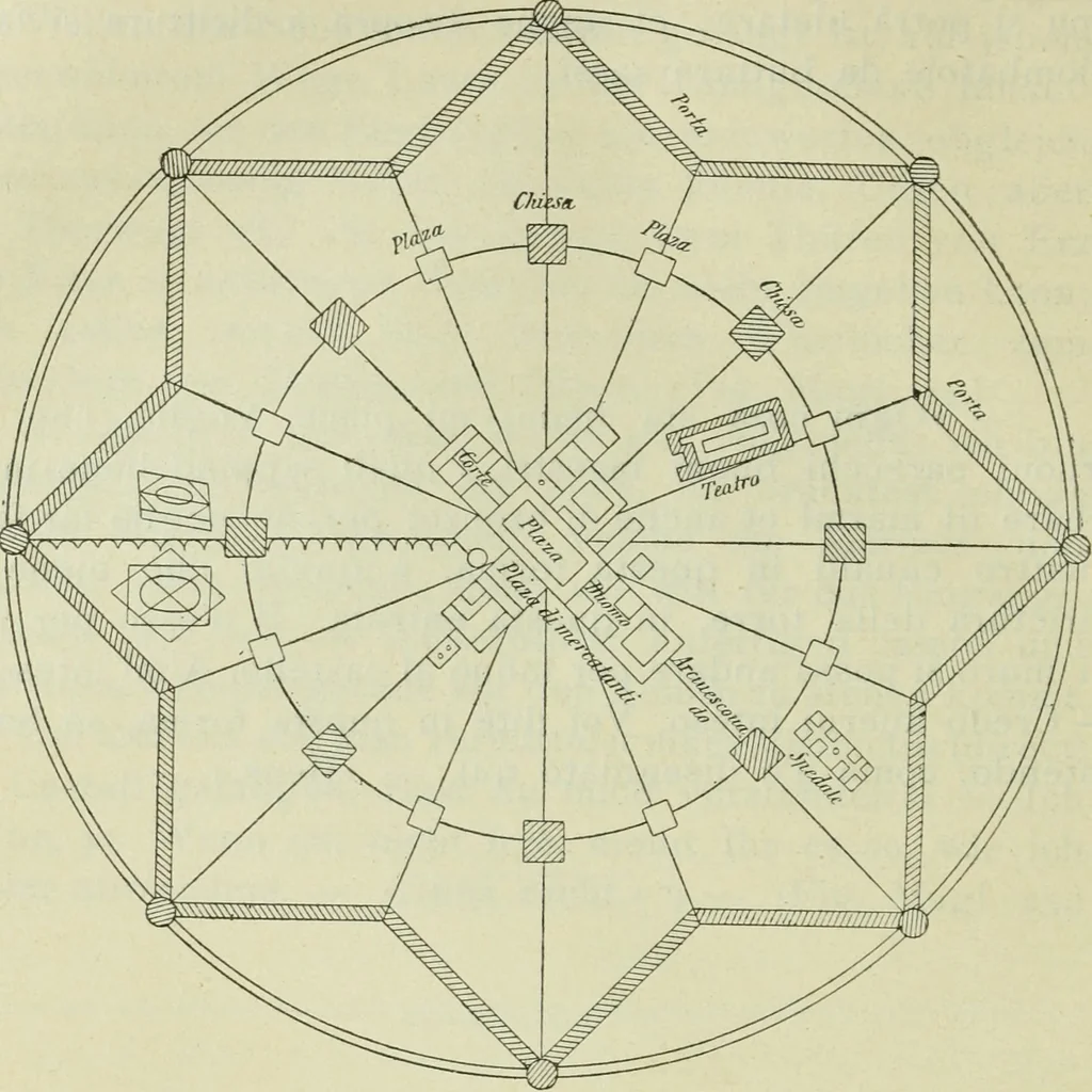 An illustration from Antonio Averlino Filarete's Tractat über die Baukunst, nebst seinen Büchern von der Zeichenkunst und den Bauten der Medici, 1890, leaf 225