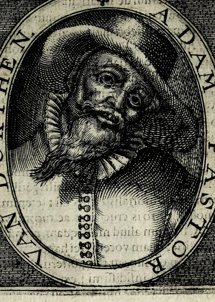 An illustration from Apocalypsis insignium aliquot haeresiarcharum : qua visiones & insomnia ipsis per somnia patefactae, blasphemias puta inauditas, ac deliramenta enthysiastica revelantur, unaq́ue opera vitae ac mortes coelo latino donantur : superadditae septendecim eorum, qui insigni supra reliquos temeritate ac depudendi audacia eminere visi, icones aereis expressae, 1608, leaf 109