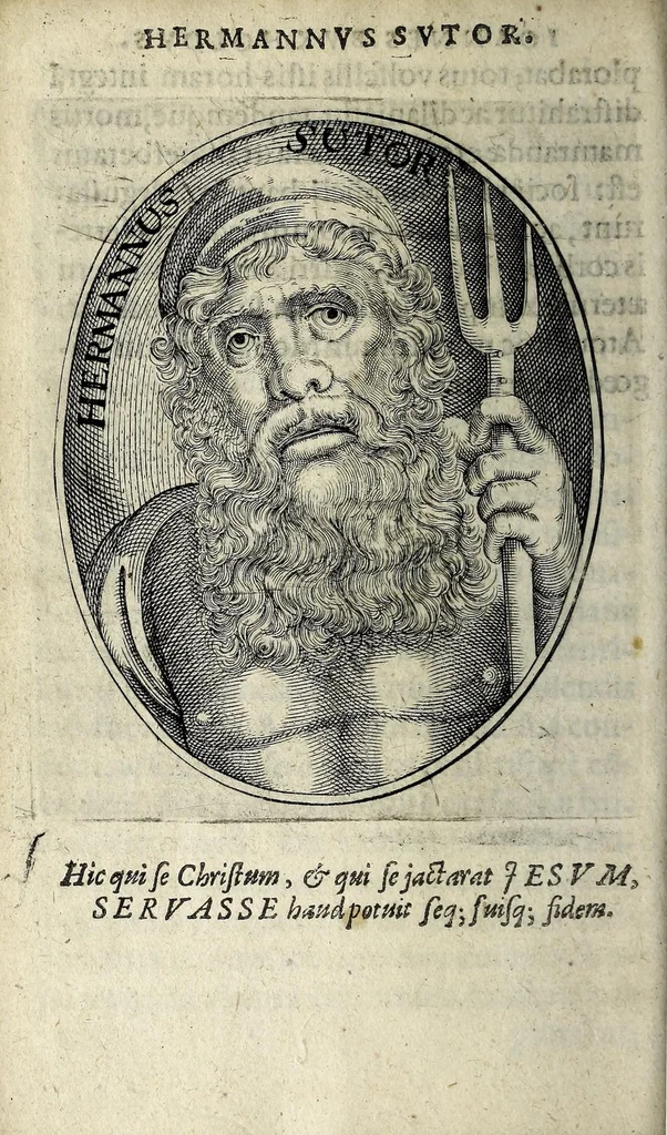 An illustration from Apocalypsis insignium aliquot haeresiarcharum : qua visiones & insomnia ipsis per somnia patefactae, blasphemias puta inauditas, ac deliramenta enthysiastica revelantur, unaq́ue opera vitae ac mortes coelo latino donantur : superadditae septendecim eorum, qui insigni supra reliquos temeritate ac depudendi audacia eminere visi, icones aereis expressae, 1608, leaf 56
