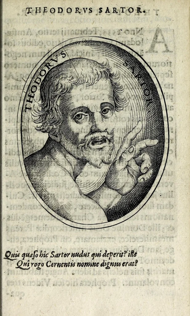 An illustration from Apocalypsis insignium aliquot haeresiarcharum : qua visiones & insomnia ipsis per somnia patefactae, blasphemias puta inauditas, ac deliramenta enthysiastica revelantur, unaq́ue opera vitae ac mortes coelo latino donantur : superadditae septendecim eorum, qui insigni supra reliquos temeritate ac depudendi audacia eminere visi, icones aereis expressae, 1608, leaf 65