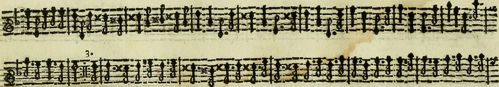 An illustration from Apollo's banquet : containing instructions, and variety of new tunes, ayres, jiggs, and several new scotch tunes for the treble-violin. To which is added the tunes of the ne[west Fr]ench dances, now used at court and in dancing schools. The 5th edition with new additions, 1687, leaf 37