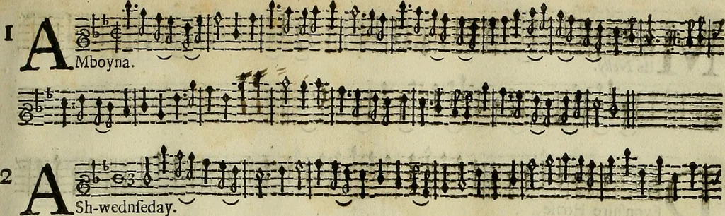 An illustration from Apollo's banquet : containing instructions, and variety of new tunes, ayres, jiggs, and several new scotch tunes for the treble-violin. To which is added the tunes of the ne[west Fr]ench dances, now used at court and in dancing schools. The 5th edition with new additions, 1687, leaf 44